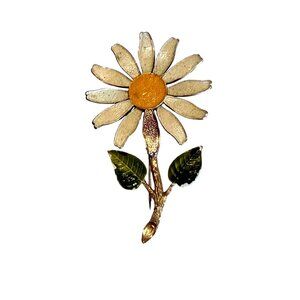 Enamel Daisy Flower Brooch Pin Vintage Gold-Tone Green Leaves Yellow